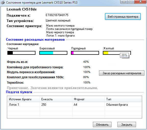 Lexmark CX510de: статус-монитор