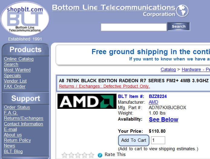 Цена APU AMD A8-7670K примерно равна $110