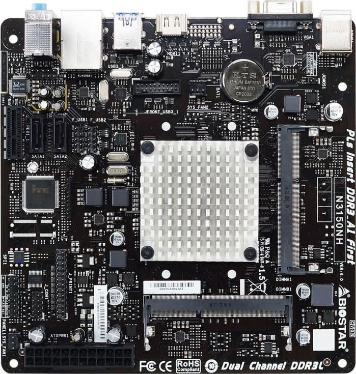 Плата Biostar N3150NH оснащена двумя слотами для модулей памяти SO-DIMM