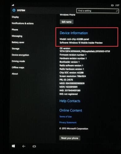Windows 10 Mobile Rockchip RK3288