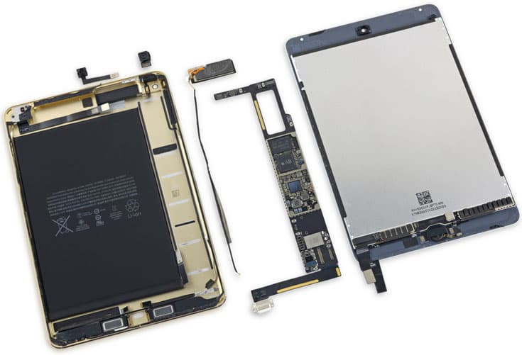 В планшете Apple iPad mini 4 жидкокристаллическая панель и защитное стекло объединены в один компонент