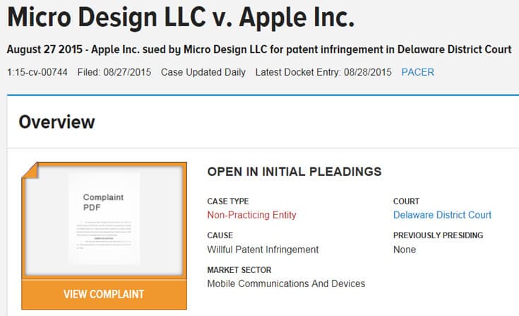 По мнению Micro Design LLC, в продукции Apple нарушен «патент 535»