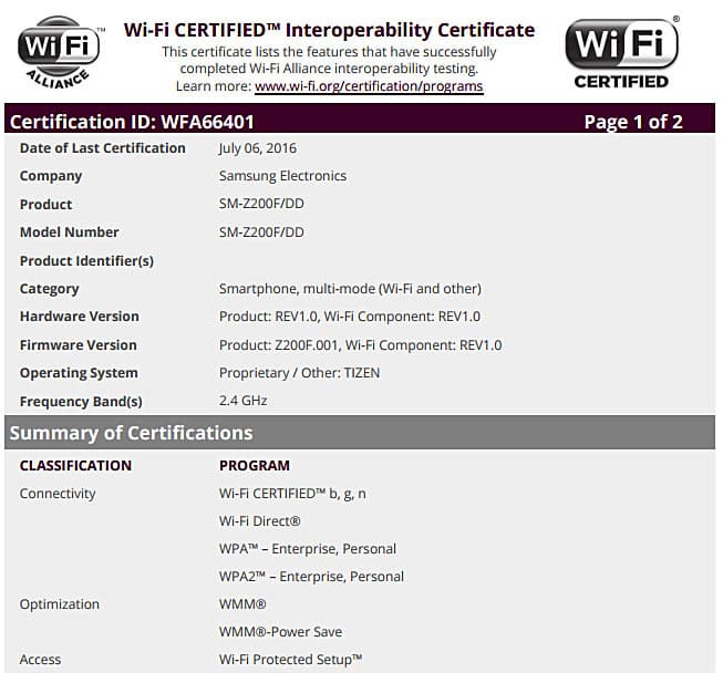 Ранее модель с индексом SM-Z200F была сертифицирована организацией Bluetooth Special Interest Group (SIG)