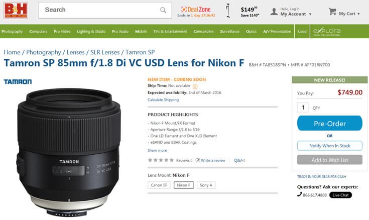 Полнокадровый объектив Tamron SP 85mm F/1.8 Di VC USD (F016) оснащен оптическим стабилизатором