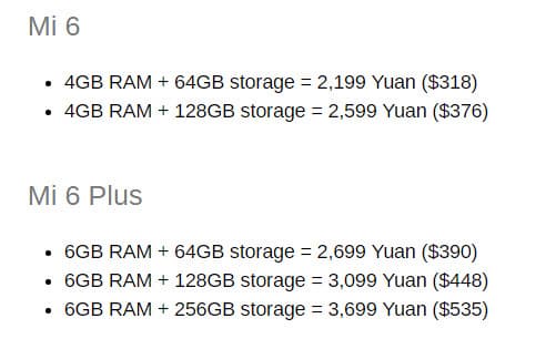 Опубликованы цены смартфонов Xiaomi Mi6 и Mi6 Plus