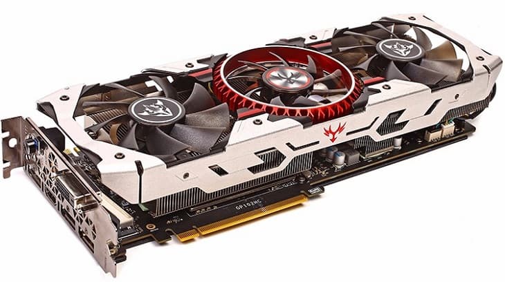 Ускоритель Colorful iGame GTX1080Ti Vulcan AD охлаждается тремя вентиляторами при повышении нагрузки
