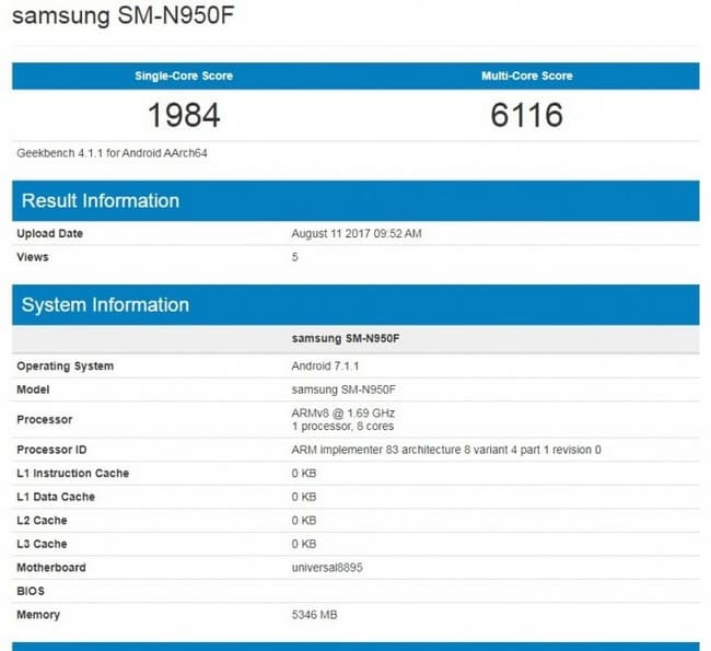 Смартфон Samsung Galaxy Note 8 протестирован в Geekbench