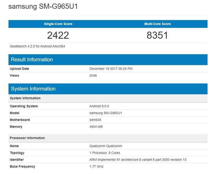 Показатели Samsung Galaxy S9+ появился в Geekbench
