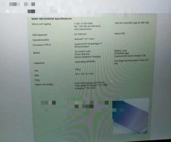 Sony H8266 станет первым смартфоном Xperia с 6 ГБ ОЗУ и 128 ГБ флэш-памяти