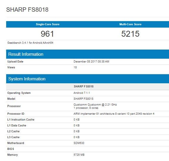 Смартфон Sharp FS8018 протестирован в Geekbench