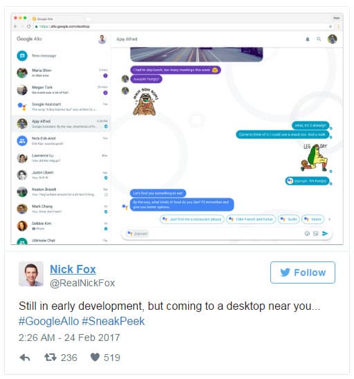 Клиент Google Allo для ПК в разработке