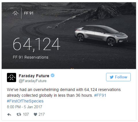 За 36 часов заявки на покупку электромобиля Faraday Future FF91 оставили более 64 тыс. человек