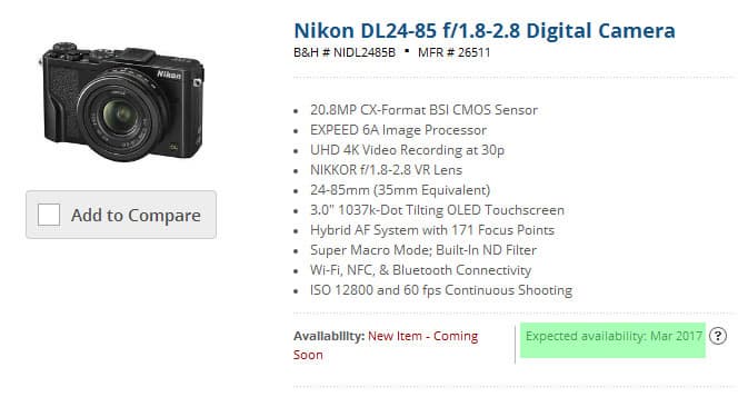 В компактных камерах Nikon DL24-85, DL18-50 и DL24-500 используются дюймовые датчики изображения
