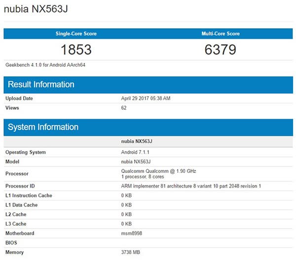 Смартфон ZTE Nubia NX569J засветился в бенчмарке Geekbench