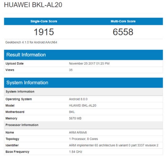 Смартфон Honor V10 замечен в базе данных Geekbench