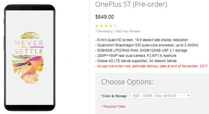 Стартовал прием предварительных заказов на смартфон OnePlus 5T, который оценен в $549