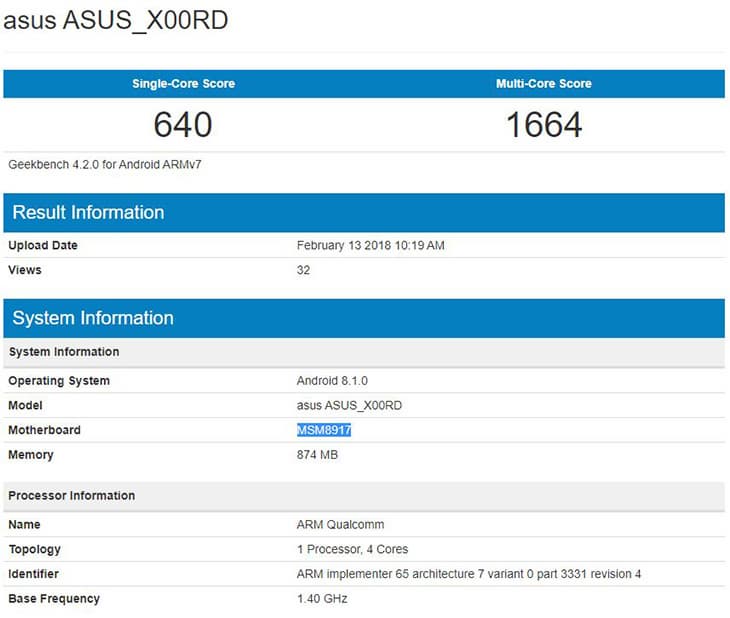 Asus X00RD, характеристики и производительность в Geekbench