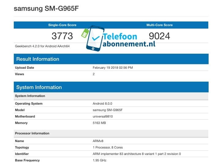 Смартфон Samsung Galaxy S9+ набирает более 9000 баллов в тесте Geekbench