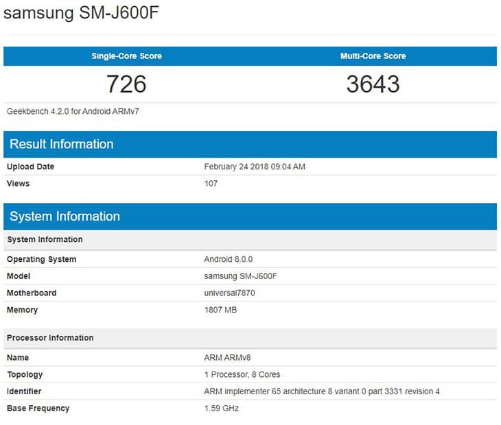 Samsung Galaxy J6 засветился в базе данных бенчмарка Geekbench