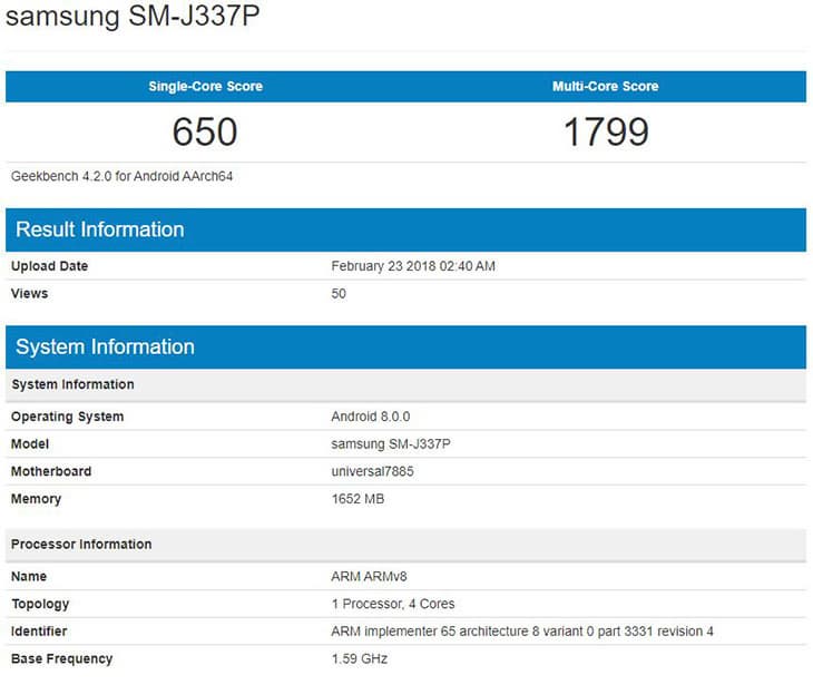 Samsung Galaxy J3 2018 засветился в бенчмарке Geekbench