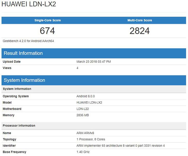 Huawei Y7 Pro (LDN-LX2) засветился в бенчмарке Geekbench