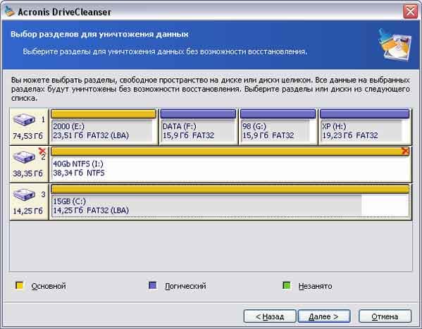 Выбор разделов для очистки