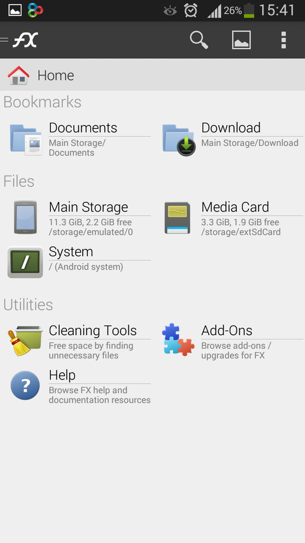 Домашний экран FX File Explorer