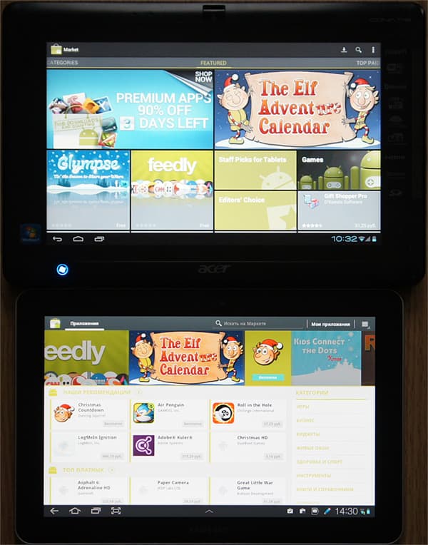стартовая страница приложения Market в Android 4.0 и 3.0