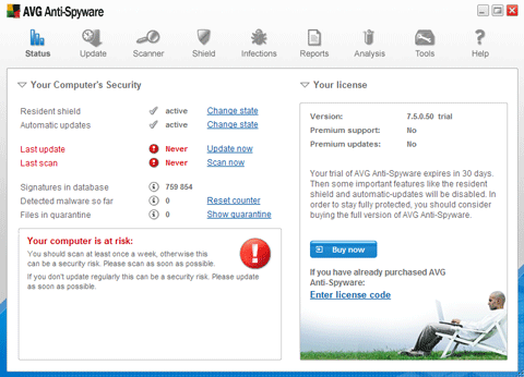 Основное окно Anti-Spyware
