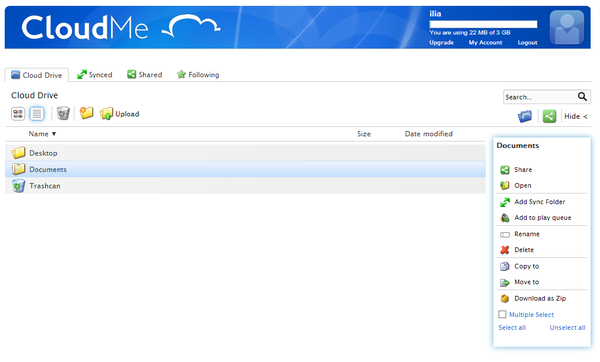 Веб-интерфейс CloudMe