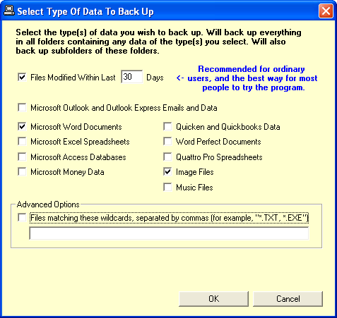 Backup to CD/DVD. Выбор типов документов, участвующих в резервном копировании