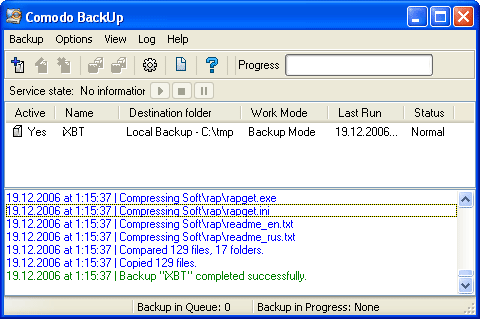 Рабочее окно Comodo BackUp