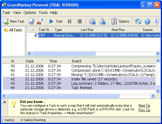 Рабочее окно GrandBackup Personal Edition