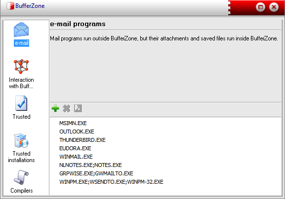 BufferZone Pro поддерживает несколько списков программ-исключений