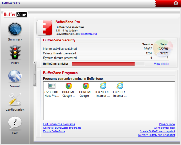 Главное окно BufferZone Pro