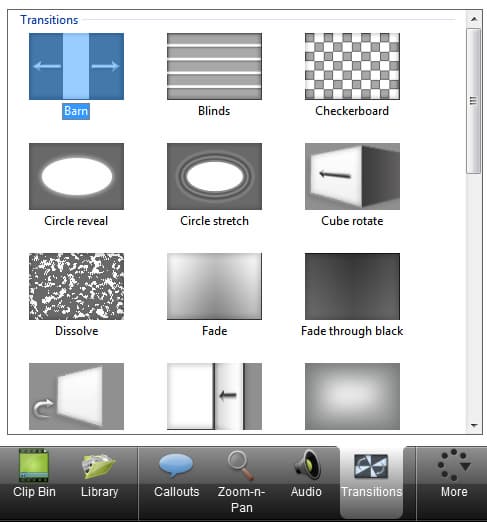 Палитра эффектов Camtasia Studio