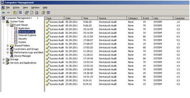 Вид лога DeviceLock при просмотре с помощью EventViewer