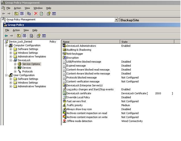Меню DeviceLock Service Settings Editor