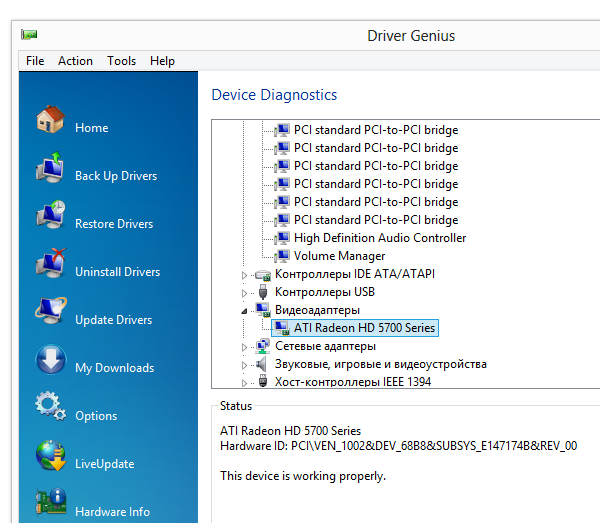 Информация о драйвере, доступная в разделе диагностики