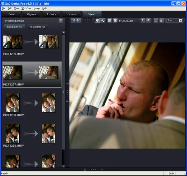 Просмотр преобразованных изображений в DxO Optics