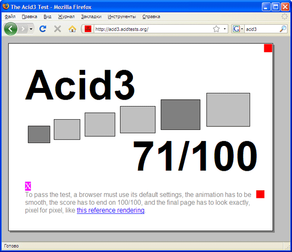 Прохождение теста Acid 3 браузером Mozilla Firefox 3