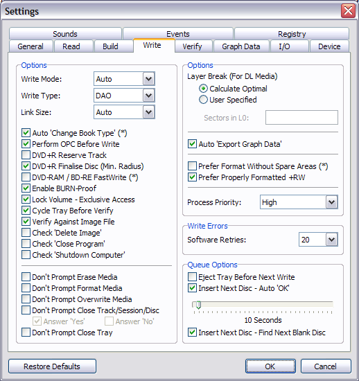 Меню настроек ImgBurn
