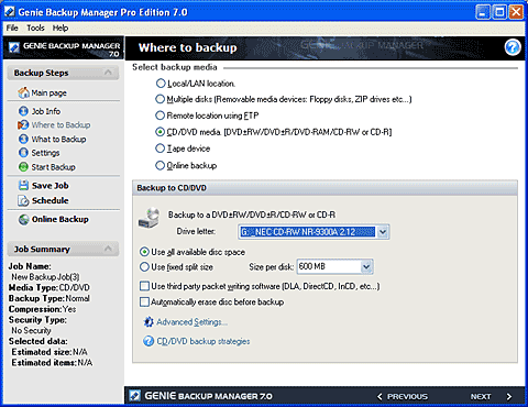 Носители, на которые программа может записывать резервные копии