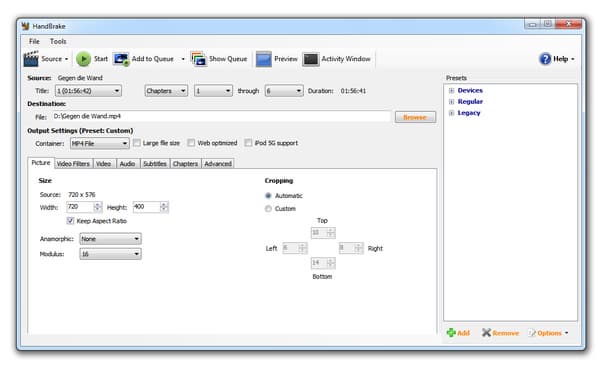 Главное окно HandBrake