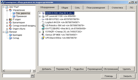 Окно Размещение оборудования по подразделениям