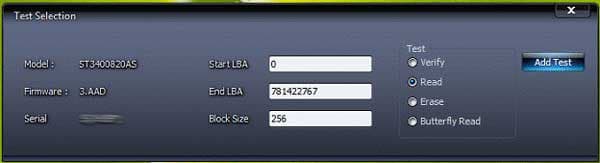 HDDScan — Окно тестов