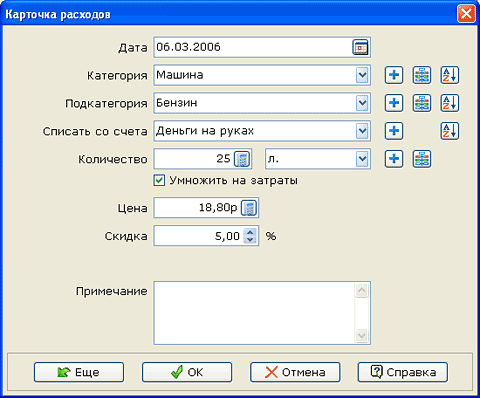 Карточка расходов