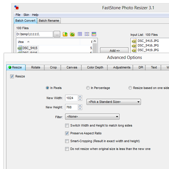 Расширенные настройки в FastStone Photo Resizer
