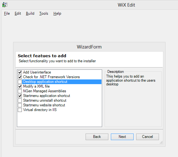 Определение функциональности в WiX Edit