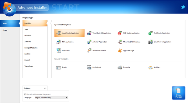 Выбор проекта в Advanced Installer